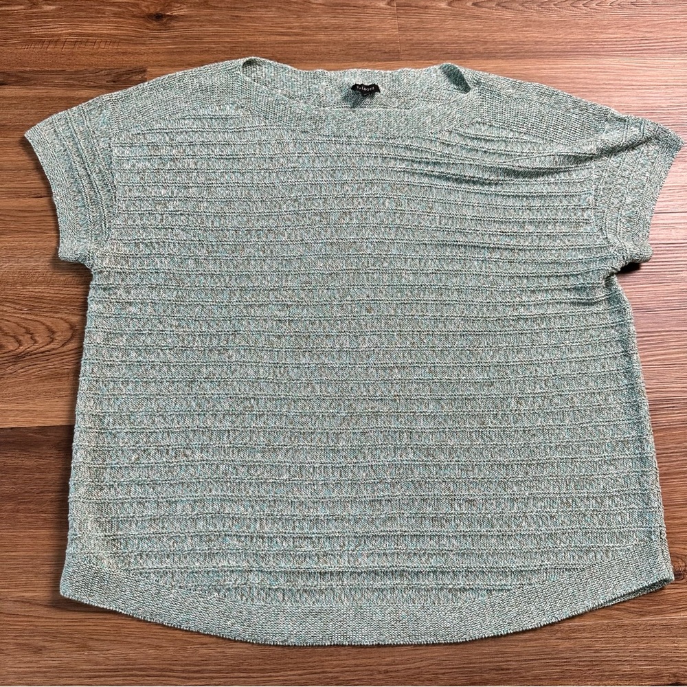 Talbots Teal 100% Linen Open Knit Top Short Sleeve Casual XL‎ Relaxed Wide Neck